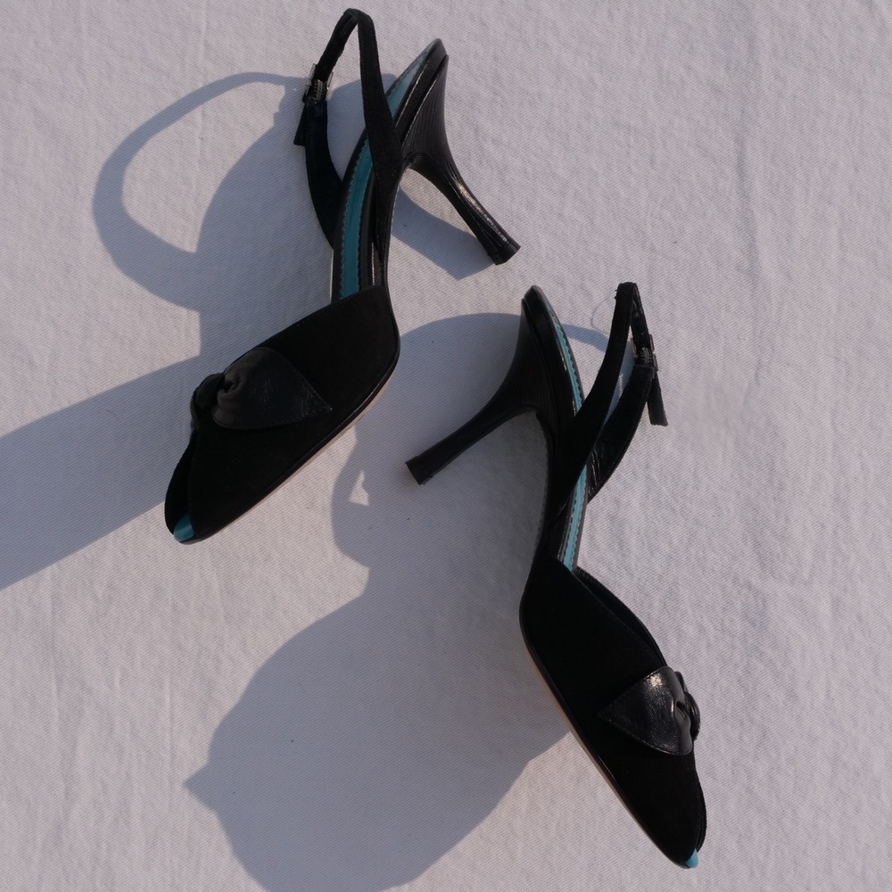 Vintage 90s Cole Haan black suede peep toe heels - Picture 3 of 8
